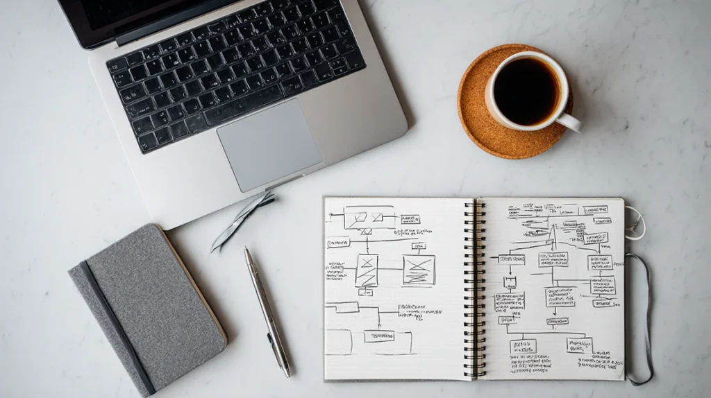 Overhead view of workspace with laptop displaying content strategy sitemap and planning materials