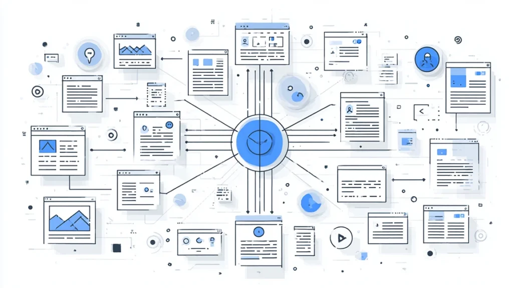 Diagram showing transformation from scattered blog posts to organized hub and spoke content structure