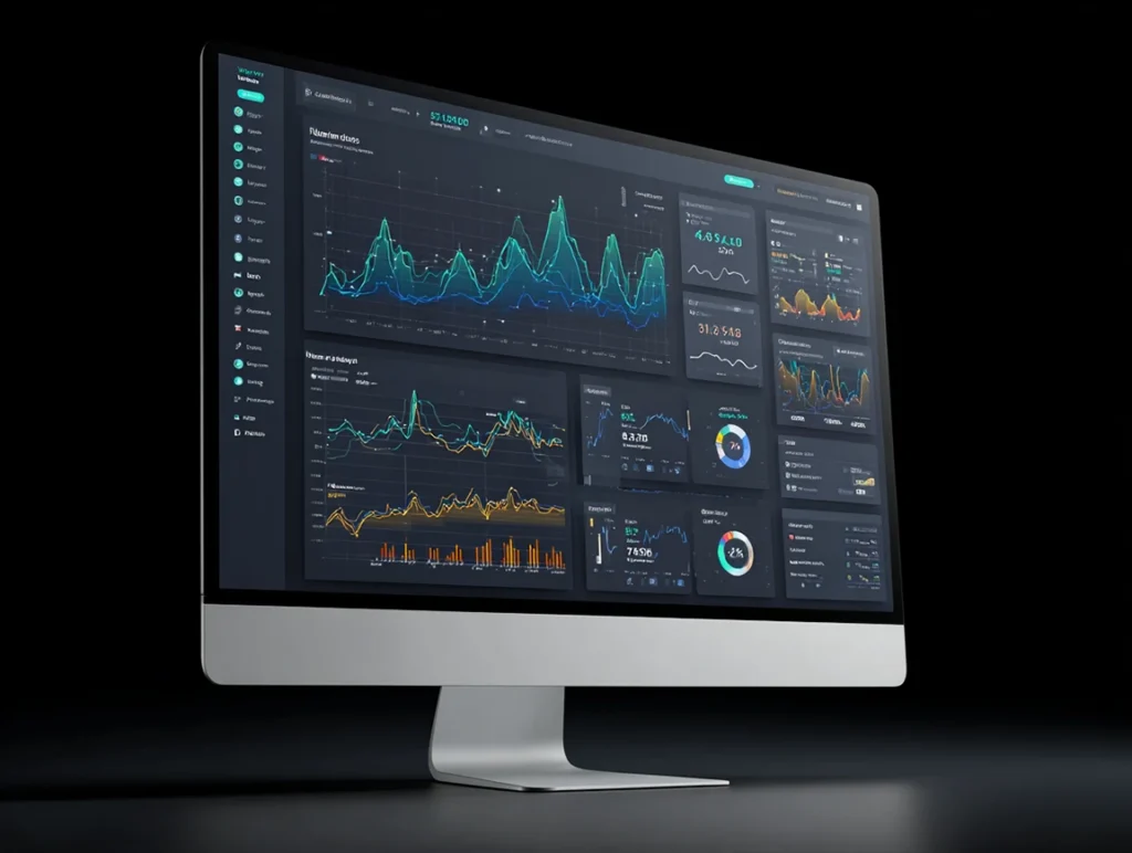 Analytics dashboard showing upward trending graphs and SEO performance metrics