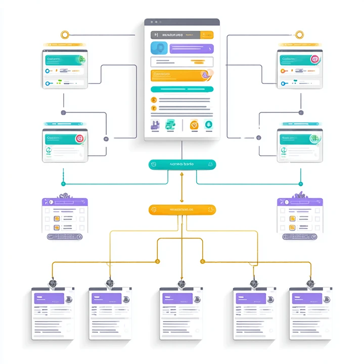 Network diagram of topic cluster model with central hub connecting to multiple interlinked cluster pages